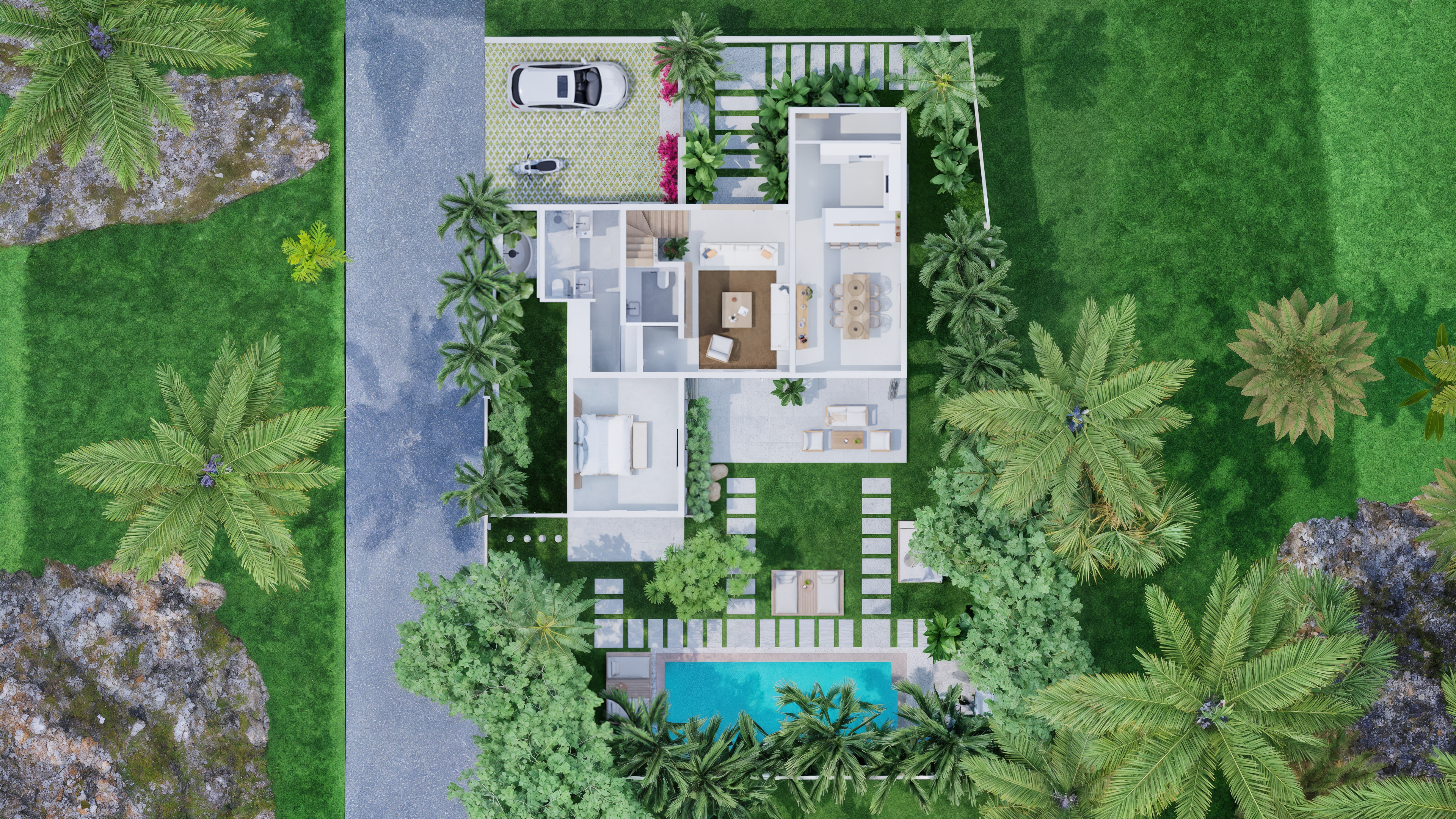 Pool garden with tropical landscaping